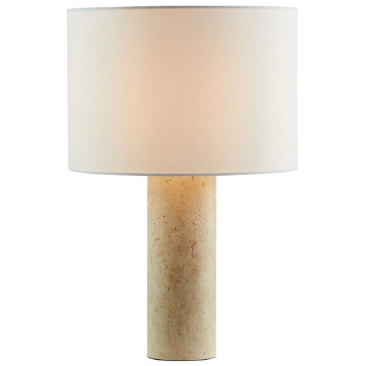Zenith Travertine Table Lamp – Natural Stone Base with Fabric Drum Shade for Elegant, Organic Lighting