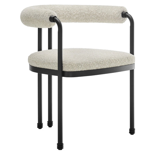 Turin Curved Back Boucle Dining Chair – Black Pearl Accent Seating with Modern Metal Frame