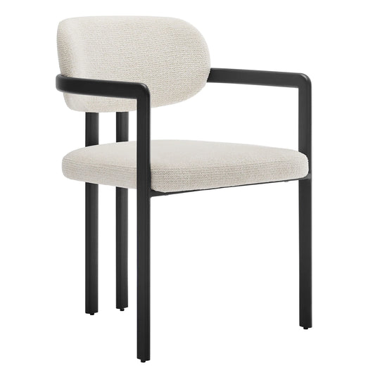 Elio Barrel Fabric Dining Chair – Comfortable Upholstered Seating with Sleek Metal Base for Modern Dining Rooms