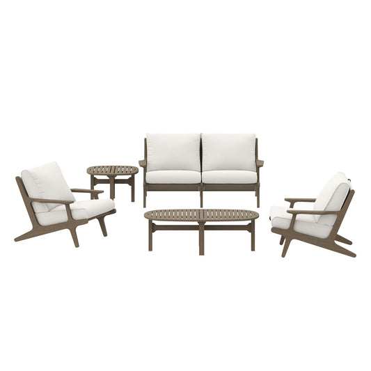 Saratoga 5-Piece Outdoor Patio Teak Wood Furniture Set – Weathered Gray Finish with White Cushions