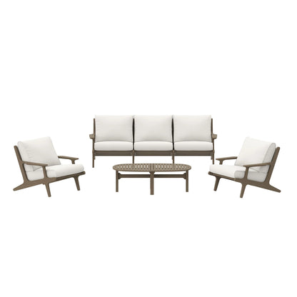 Saratoga 4-Piece Outdoor Patio Teak Wood Furniture Set – Weathered Gray Finish with White Cushions