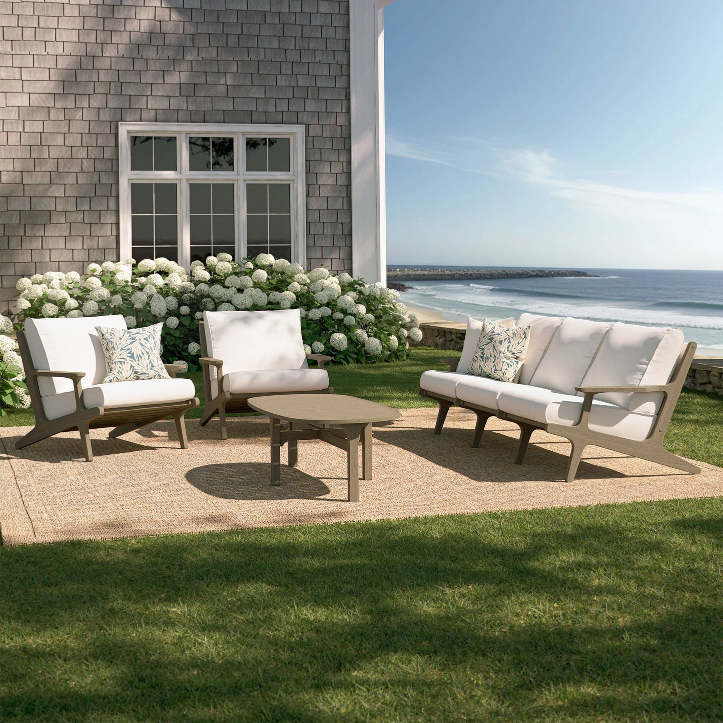 Saratoga 4-Piece Outdoor Patio Teak Wood Furniture Set – Weathered Gray Finish with White Cushions