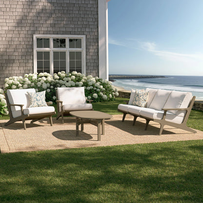 Saratoga 4-Piece Outdoor Patio Teak Wood Furniture Set – Weathered Gray Finish with White Cushions