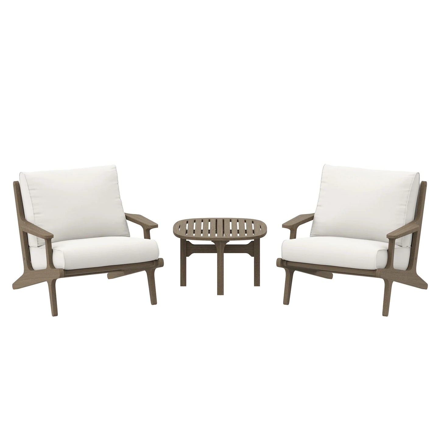 Saratoga 3-Piece Outdoor Patio Teak Wood Furniture Set – Lounge Chairs & Side Table in Weathered Gray with White Cushions