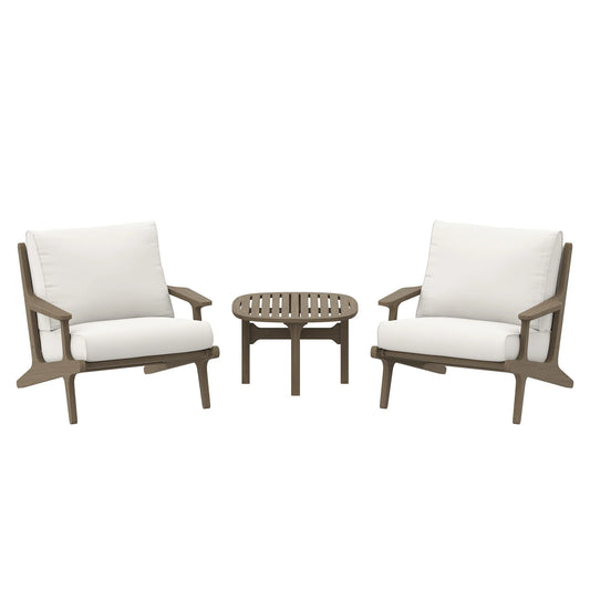 Saratoga 3-Piece Outdoor Patio Teak Wood Furniture Set – Lounge Chairs & Side Table in Weathered Gray with White Cushions