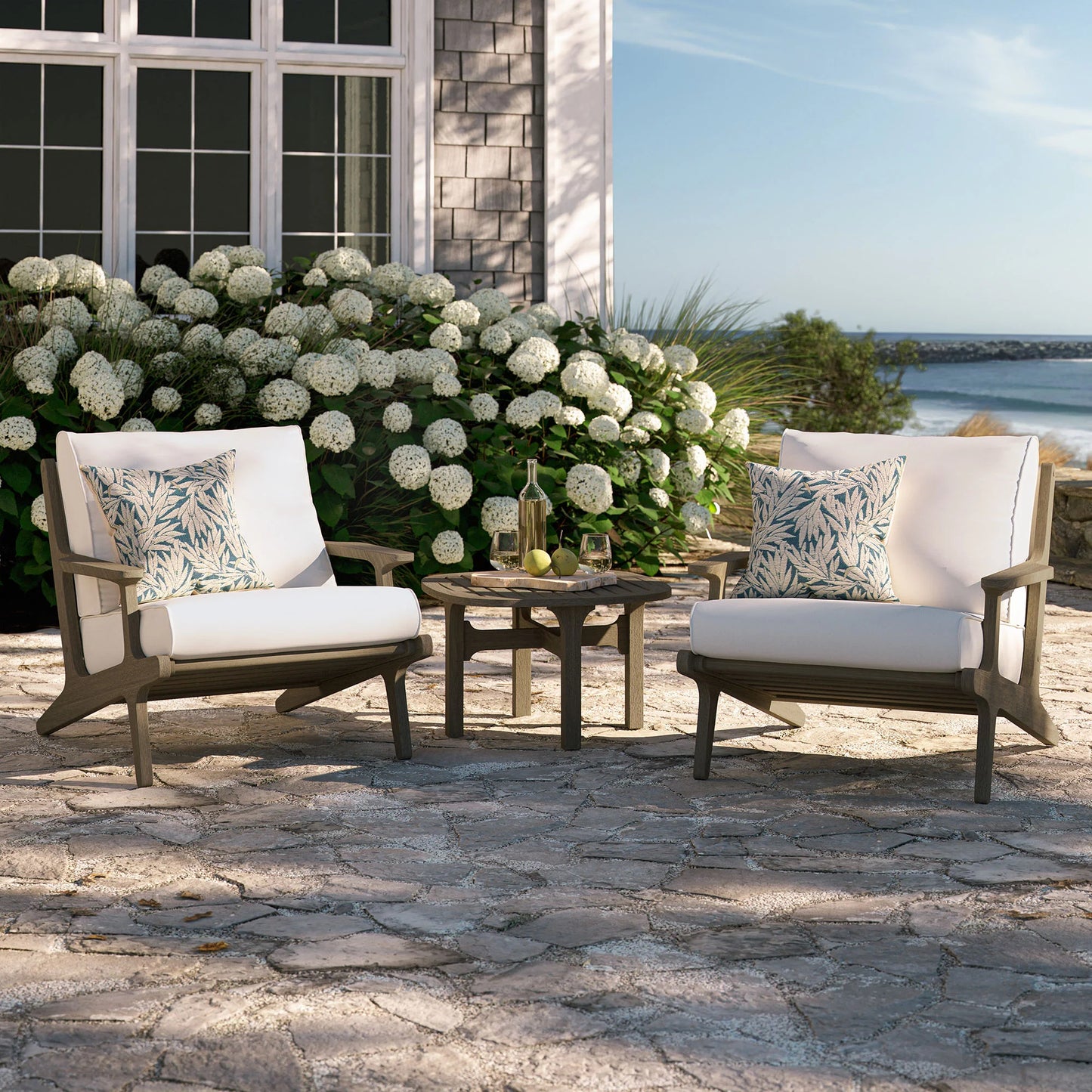 Saratoga 3-Piece Outdoor Patio Teak Wood Furniture Set – Lounge Chairs & Side Table in Weathered Gray with White Cushions