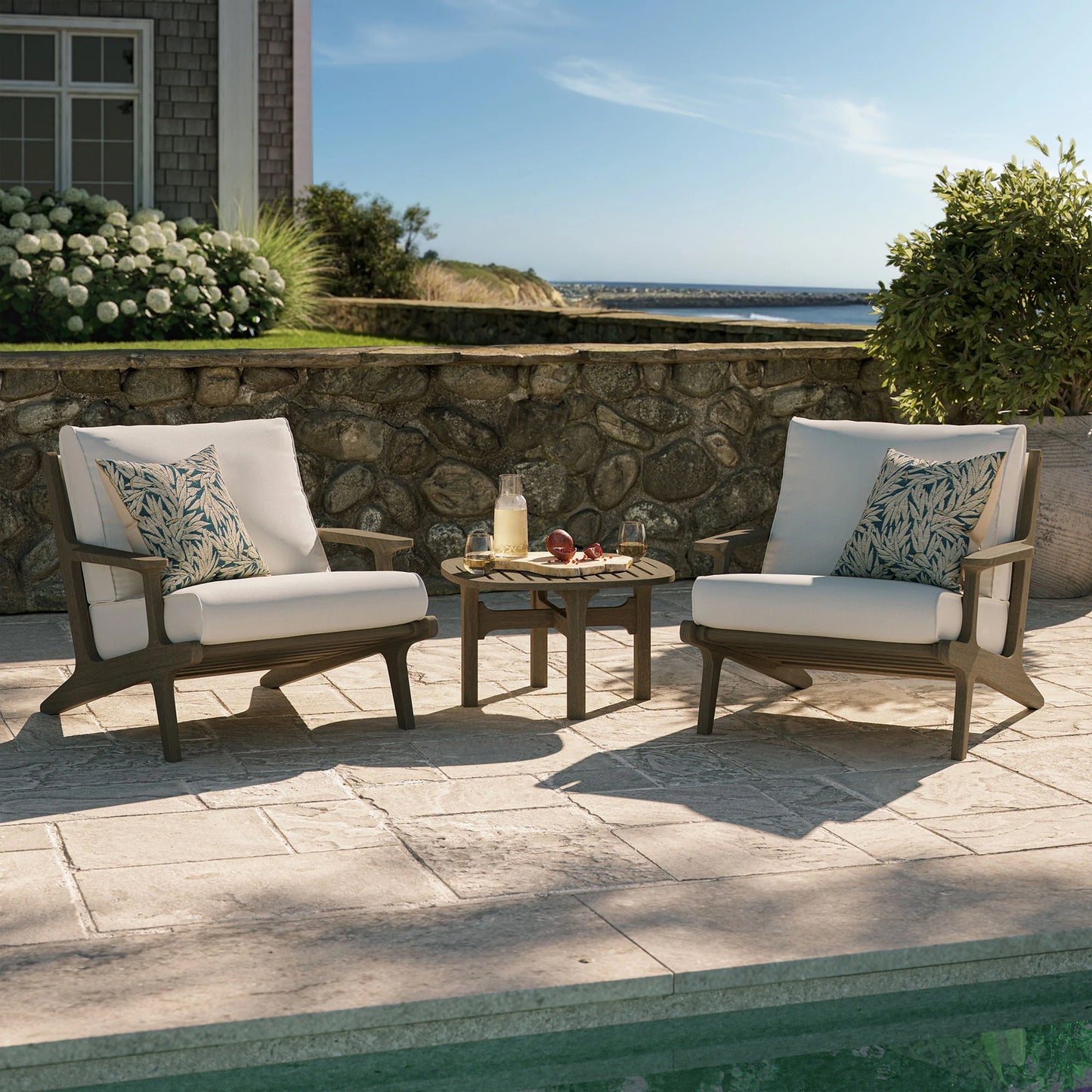 Saratoga 3-Piece Outdoor Patio Teak Wood Furniture Set – Lounge Chairs & Side Table in Weathered Gray with White Cushions