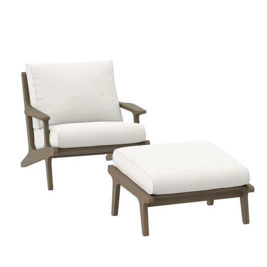 Saratoga Outdoor Patio Teak Wood Chair and Ottoman Set – Weathered Gray Finish with White Cushions
