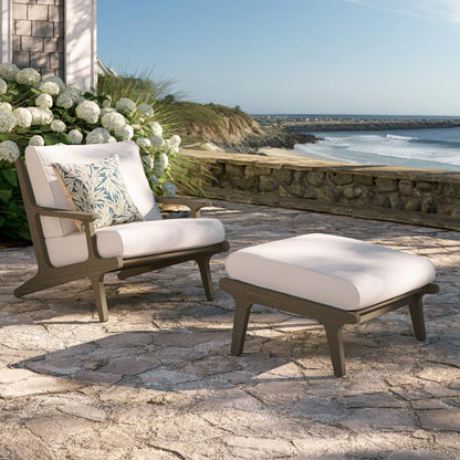Saratoga Outdoor Patio Teak Wood Chair and Ottoman Set – Weathered Gray Finish with White Cushions