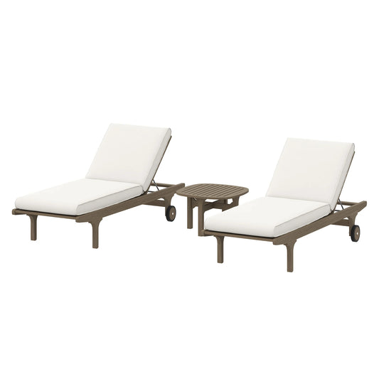 Saratoga 3-Piece Outdoor Patio Teak Wood Chaise Lounge Furniture Set – Weathered Gray Finish