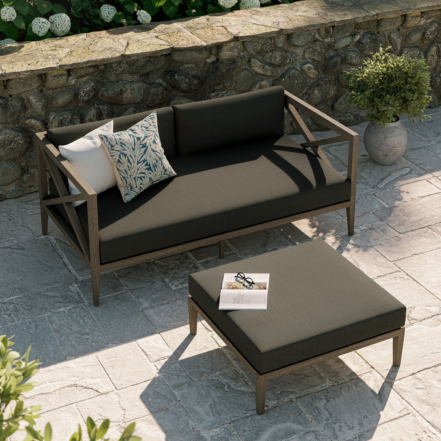 Northlake Outdoor Teak Wood Loveseat and Ottoman Set