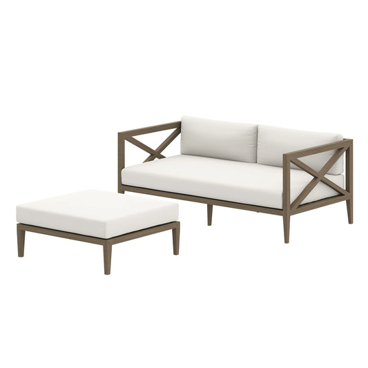 Northlake Outdoor Patio Teak Wood Loveseat and Ottoman Set – Weathered Gray Finish