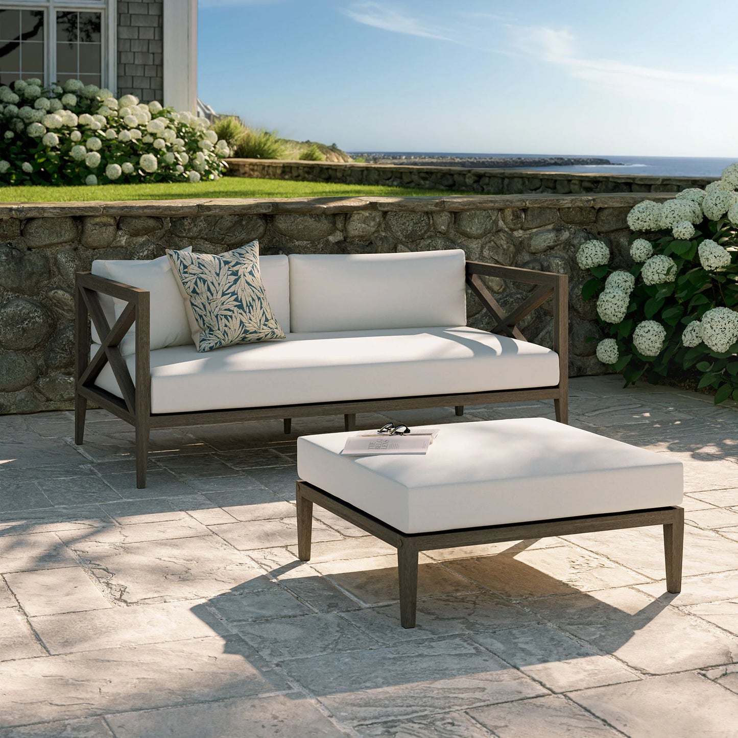 Northlake Outdoor Teak Wood Loveseat and Ottoman Set