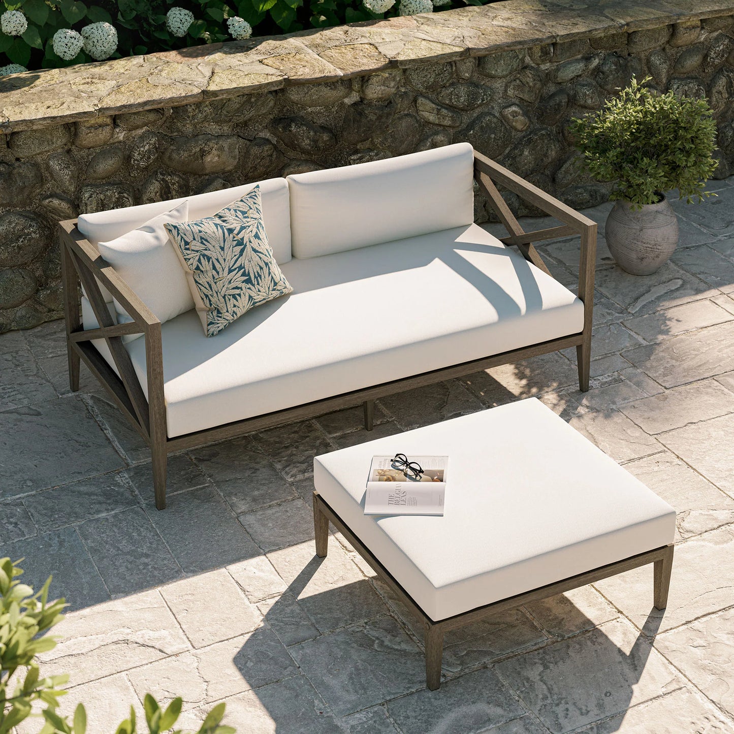 Northlake Outdoor Teak Wood Loveseat and Ottoman Set