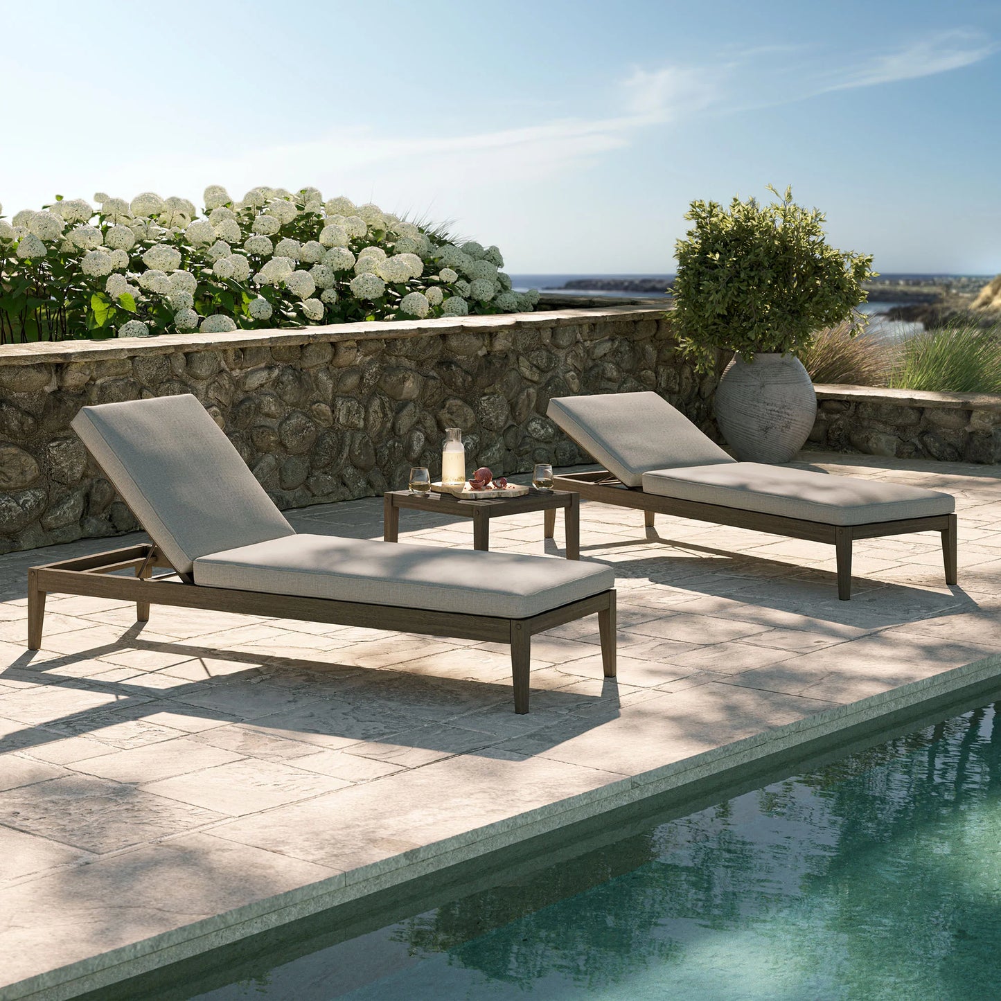 Northlake 3-Piece Outdoor Teak Wood Furniture Set with Chaise Lounges and Side Table