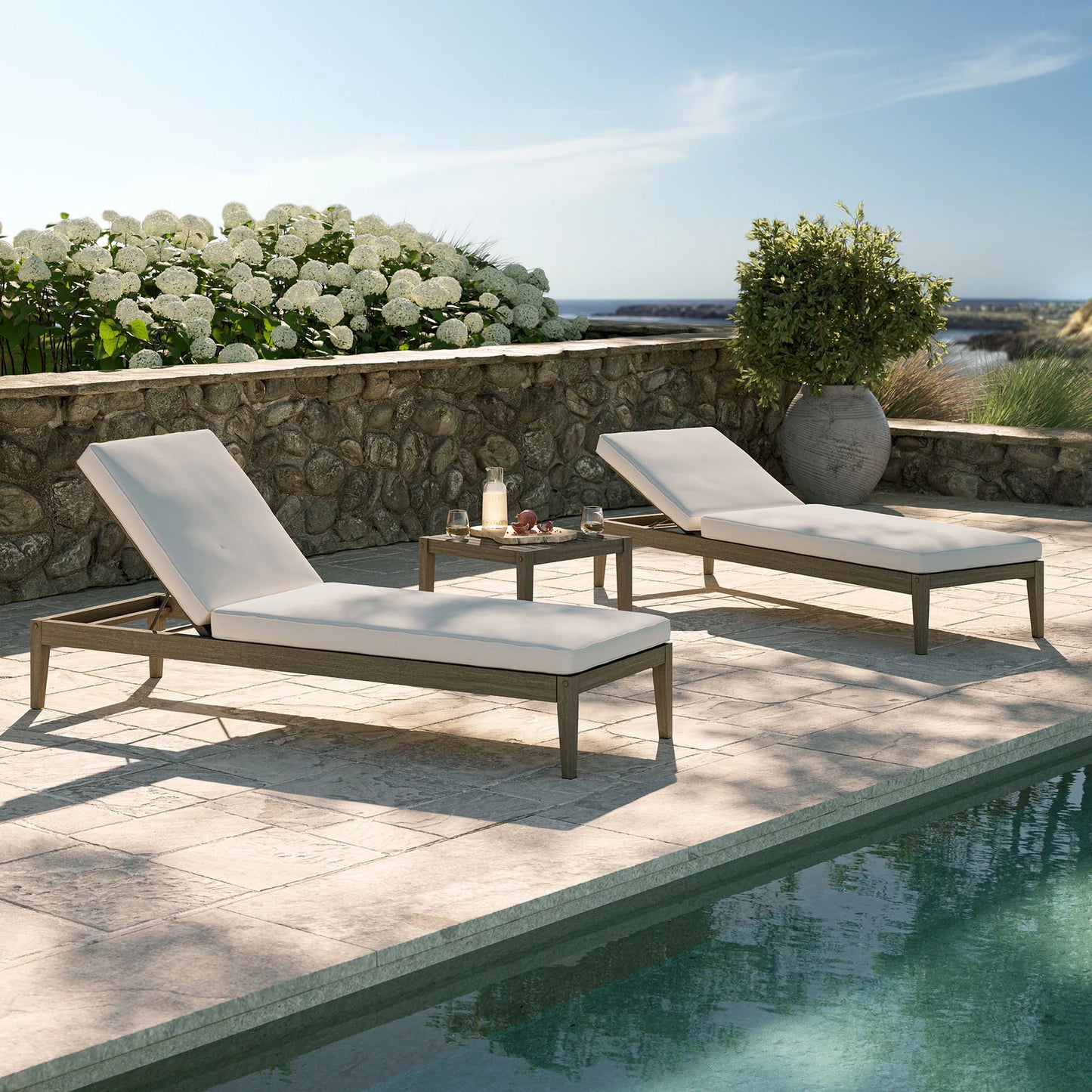 Northlake 3-Piece Outdoor Teak Wood Furniture Set with Chaise Lounges and Side Table