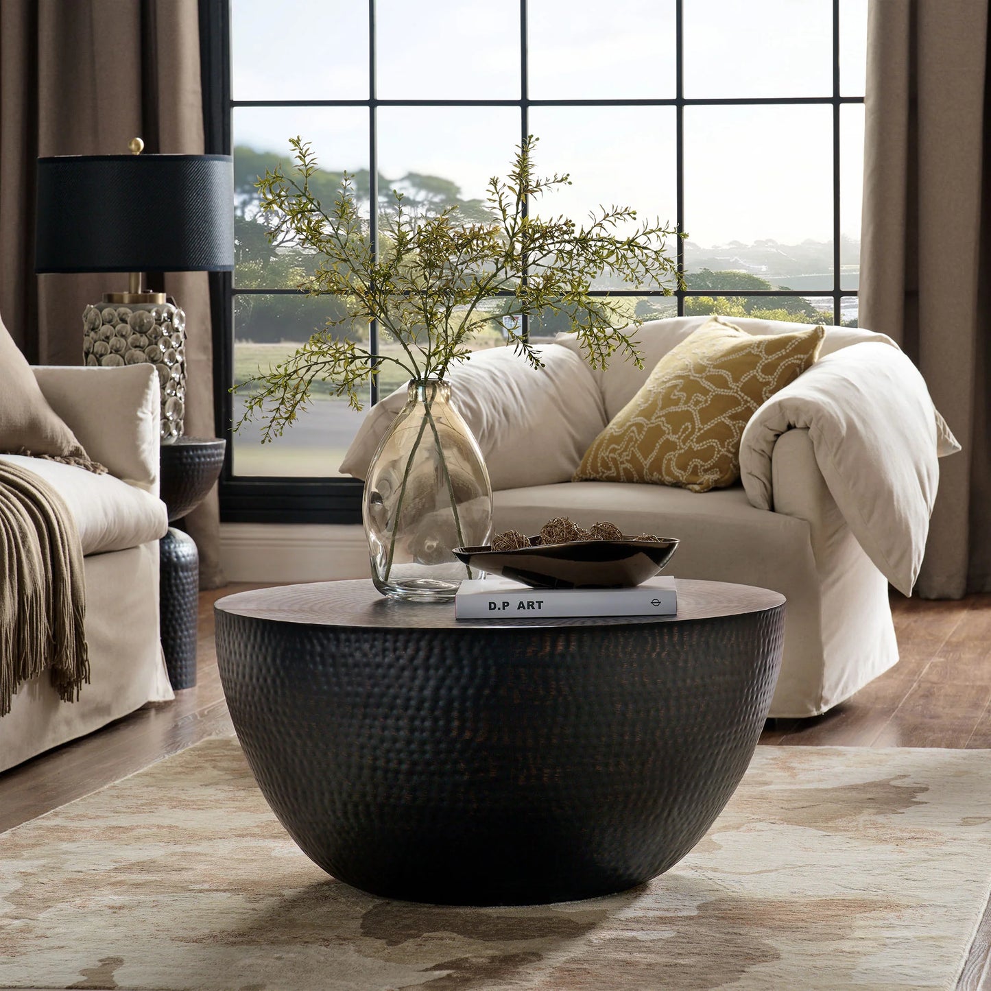 Mella 32-Inch Metal Hammered Coffee Table – Stylish Black Finish with Unique Textured Design