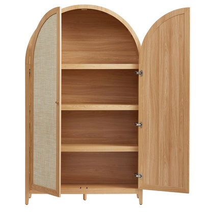 Calista 79" Tall Wide Rattan Arched Storage Cabinet – Natural Finish with Spacious Shelving