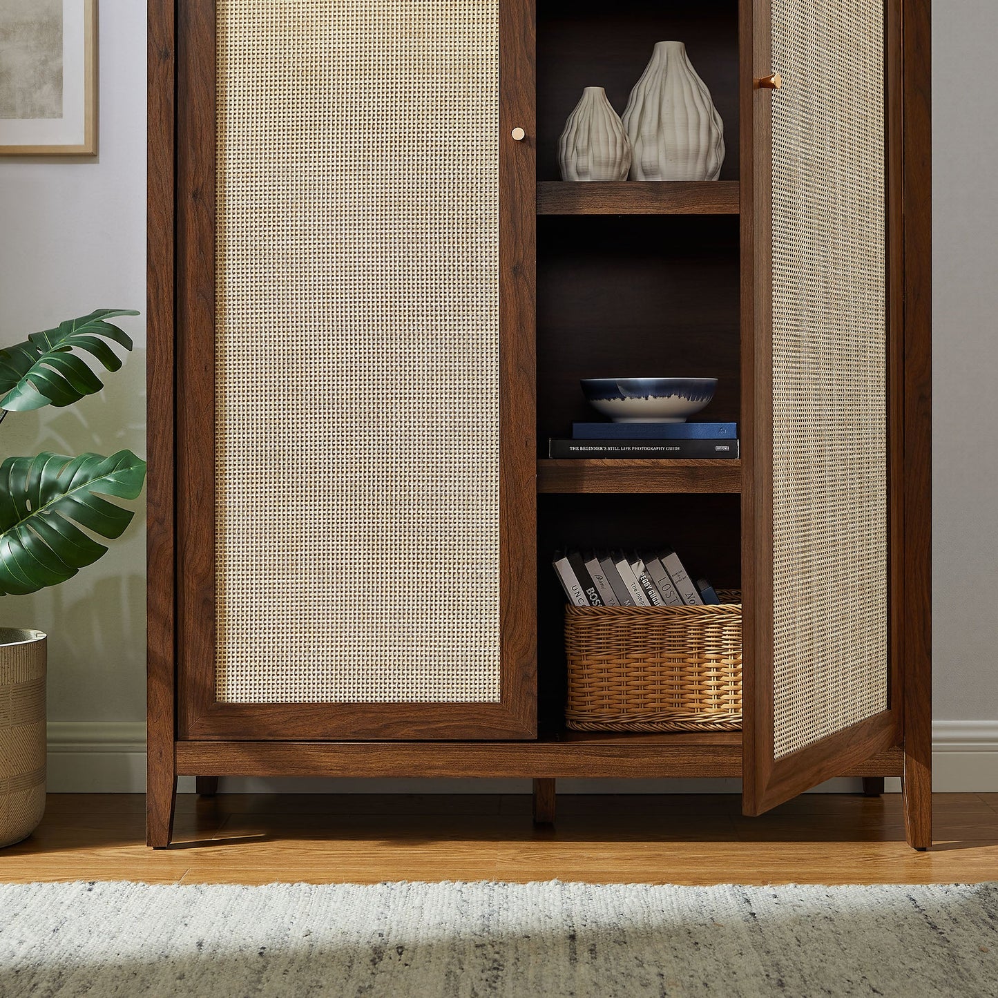 Calista 79" Tall Wide Rattan Arched Storage Cabinet – Natural Finish with Spacious Shelving