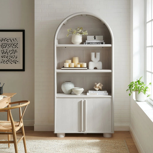 Bellamy Tall Arched Display Cabinet Bookcase – Elegant Ash Finish with Open Shelving for Storage