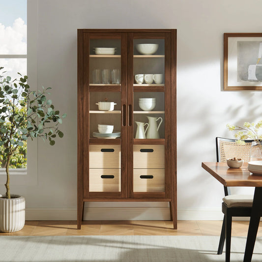 Nell 71" Tall Walnut Display Cabinet with Glass Doors – Elegant Storage Solution