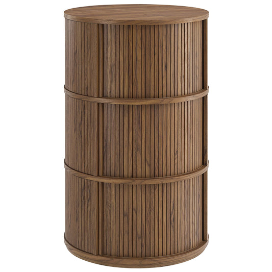 Clement Round Pedestal Stand Storage Table with Sliding Tambour Doors – Walnut Finish
