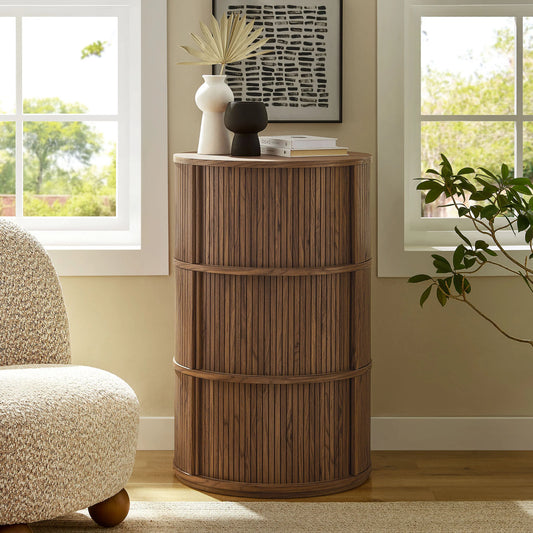 Clement Round Pedestal Stand Storage Table with Sliding Tambour Doors – Walnut Finish