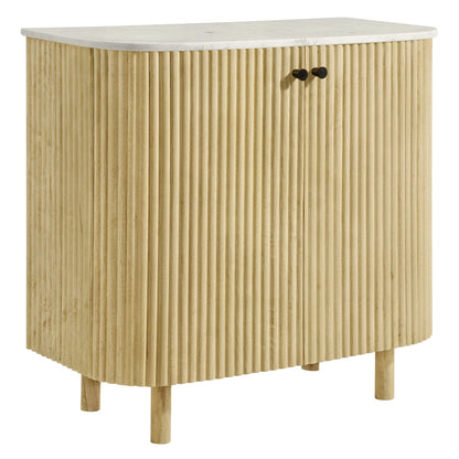 Caldera 33" Curved Solid Wood & Marble Accent Storage Cabinet – Natural Finish
