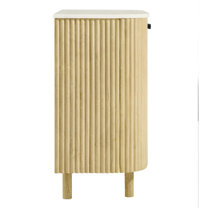 Caldera 33" Curved Solid Wood & Marble Accent Storage Cabinet – Natural Finish