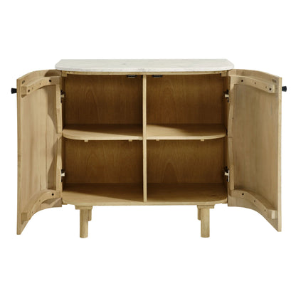 Caldera 33" Curved Solid Wood & Marble Accent Storage Cabinet – Natural Finish