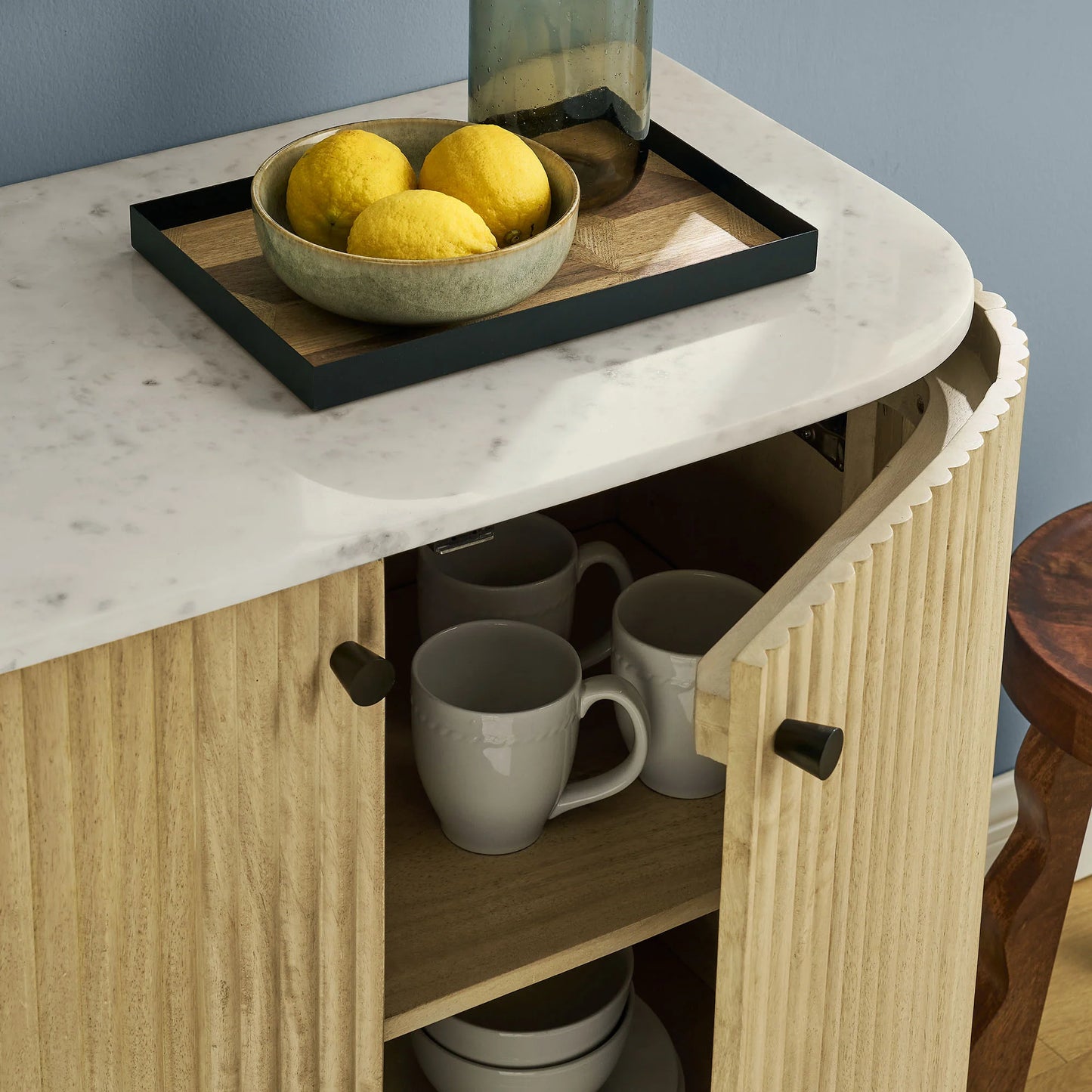 Caldera 33" Curved Solid Wood & Marble Accent Storage Cabinet – Natural Finish