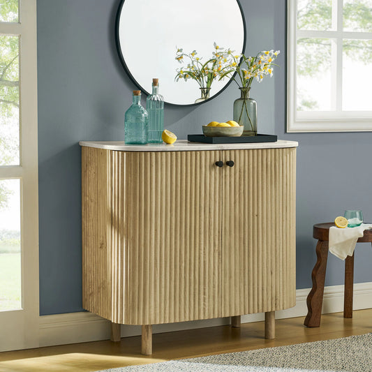 Caldera 33" Curved Solid Wood & Marble Accent Storage Cabinet – Natural Finish