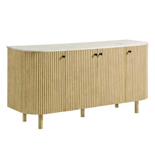Caldera 60" Curved Solid Wood & Marble Sideboard Storage Cabinet – Natural Finish