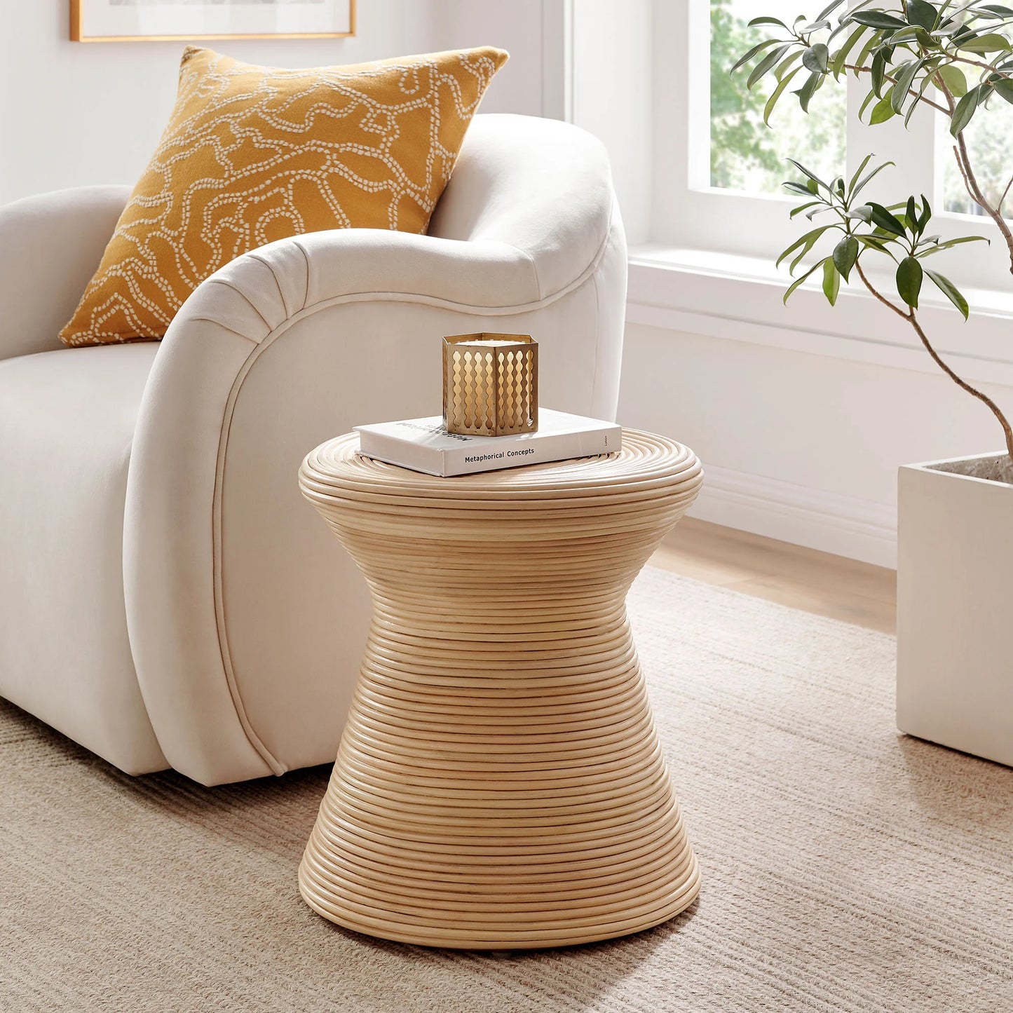 Tavi Hourglass Natural Rattan Round Side Table – Handwoven Boho Accent Table in Natural Finish
