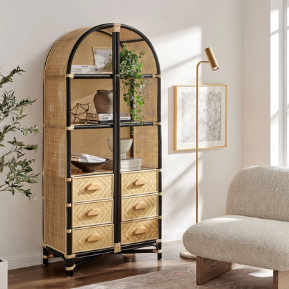 Jane 71 Inch Tall Arched Natural Rattan Bookshelf in Natural