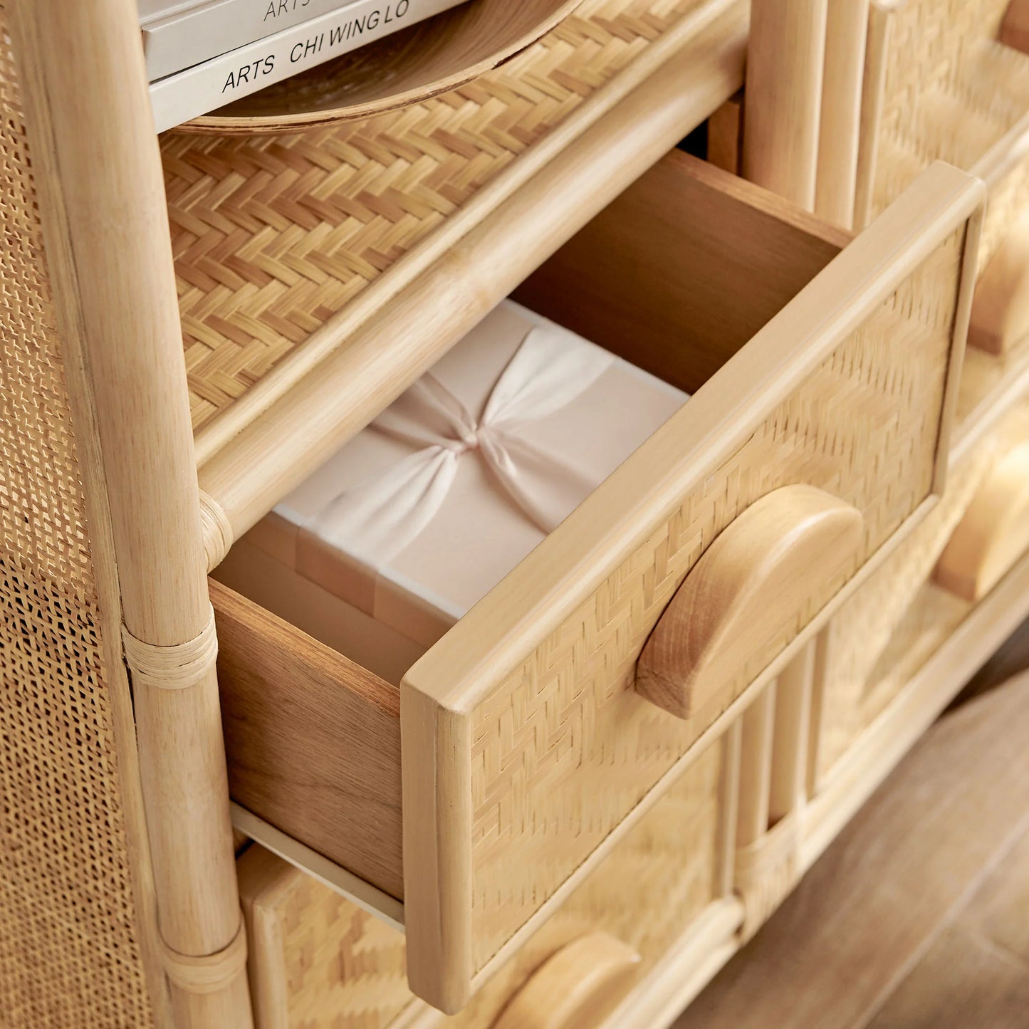 Jane 71 Inch Tall Arched Natural Rattan Bookshelf in Natural