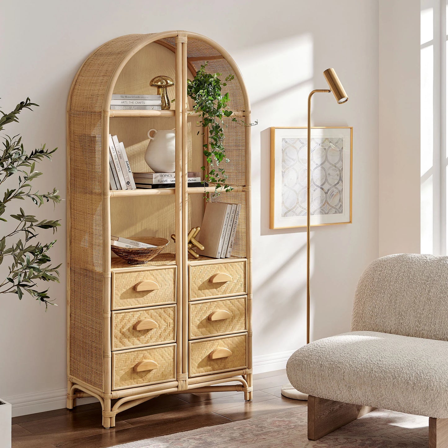 Jane 71 Inch Tall Arched Natural Rattan Bookshelf in Natural