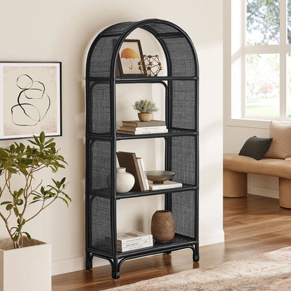 Celeste 67-Inch Tall Arched Natural Rattan Bookshelf – Boho Handwoven Storage Shelf