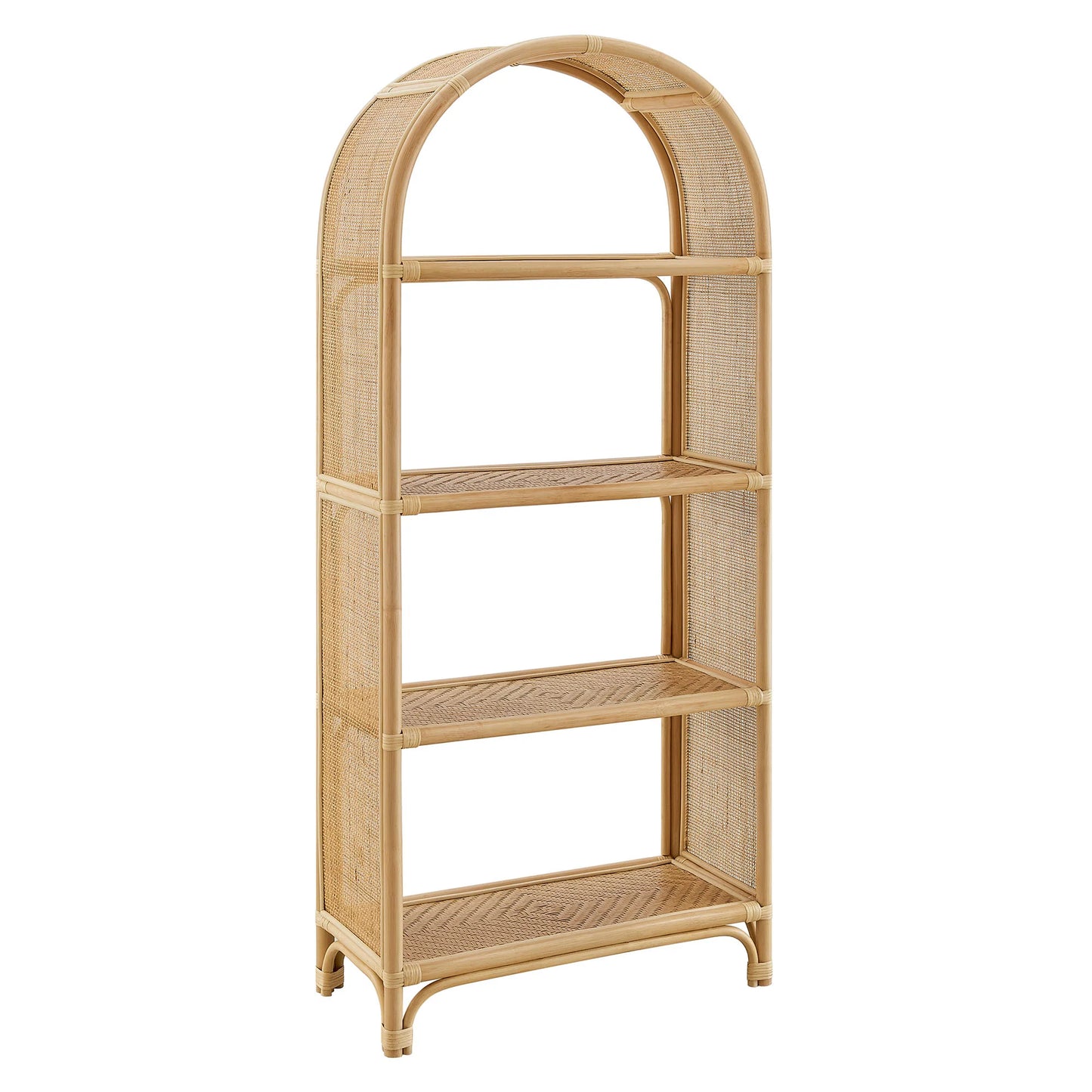 Celeste 67-Inch Tall Arched Natural Rattan Bookshelf – Boho Handwoven Storage Shelf