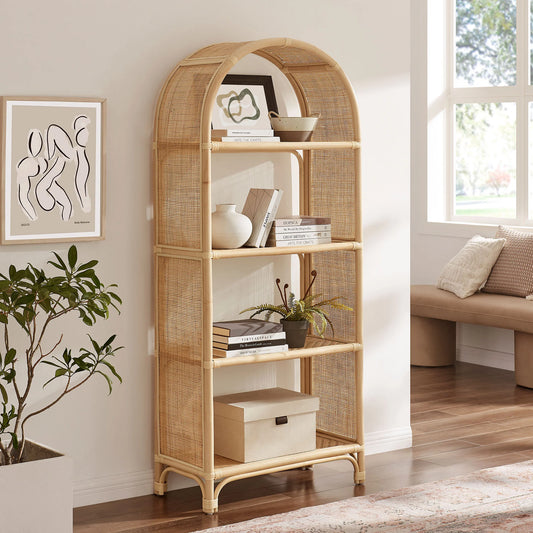 Celeste 67-Inch Tall Arched Natural Rattan Bookshelf – Boho Handwoven Storage Shelf
