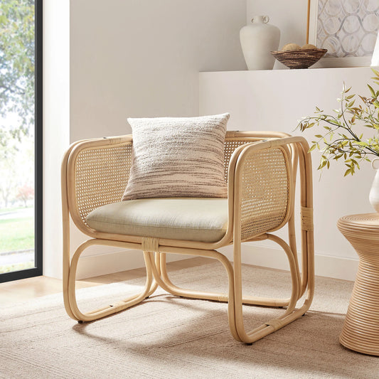 Ellis Natural Rattan Accent Armchair – Handwoven Lounge Chair with Cushions for Indoor Use