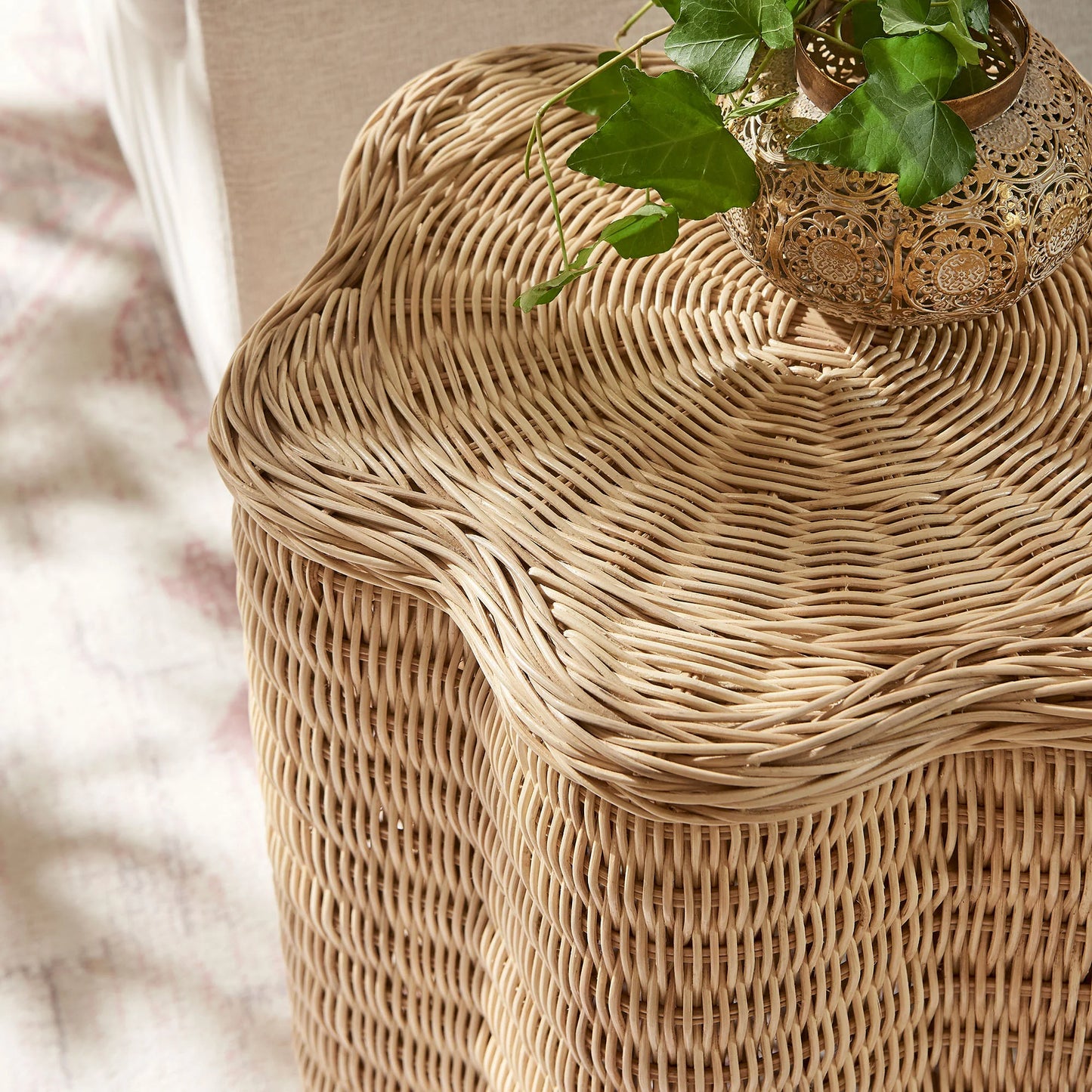 Erika Scalloped Natural Rattan Side Table – Handwoven Boho Accent Table in Natural Finish