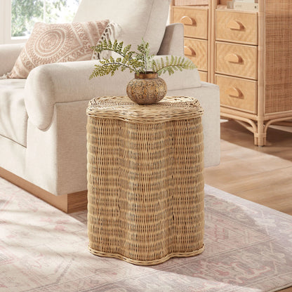 Erika Scalloped Natural Rattan Side Table – Handwoven Boho Accent Table in Natural Finish