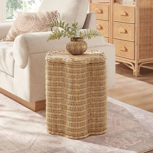 Erika Scalloped Natural Rattan Side Table – Handwoven Boho Accent Table in Natural Finish