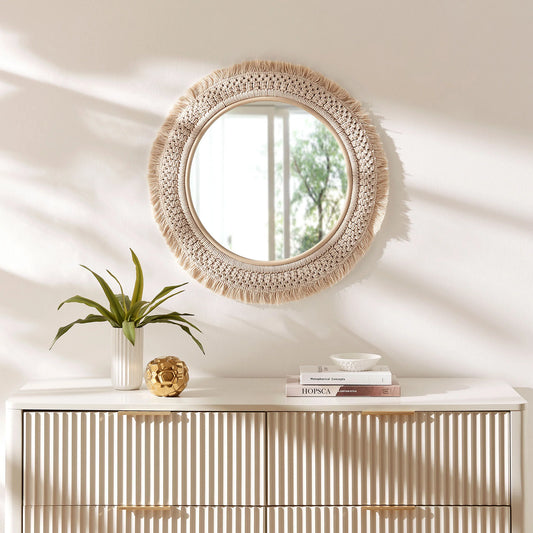 Jade Round Rattan Macramé Wall Mirror in Natural – Boho Accent Mirror with Handwoven Detailing