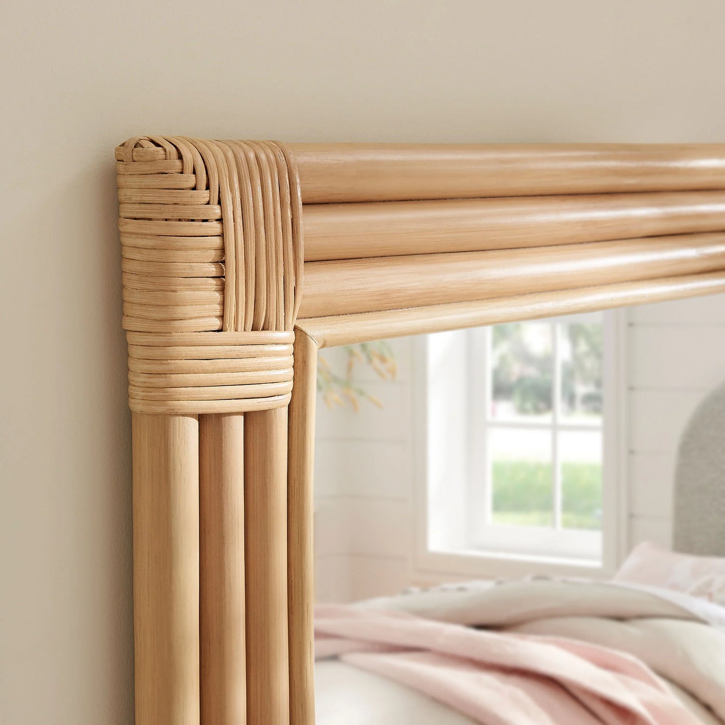 Corsica Curved Rectangle Rattan Wall Mirror in Natural – Handwoven Boho Wall Decor