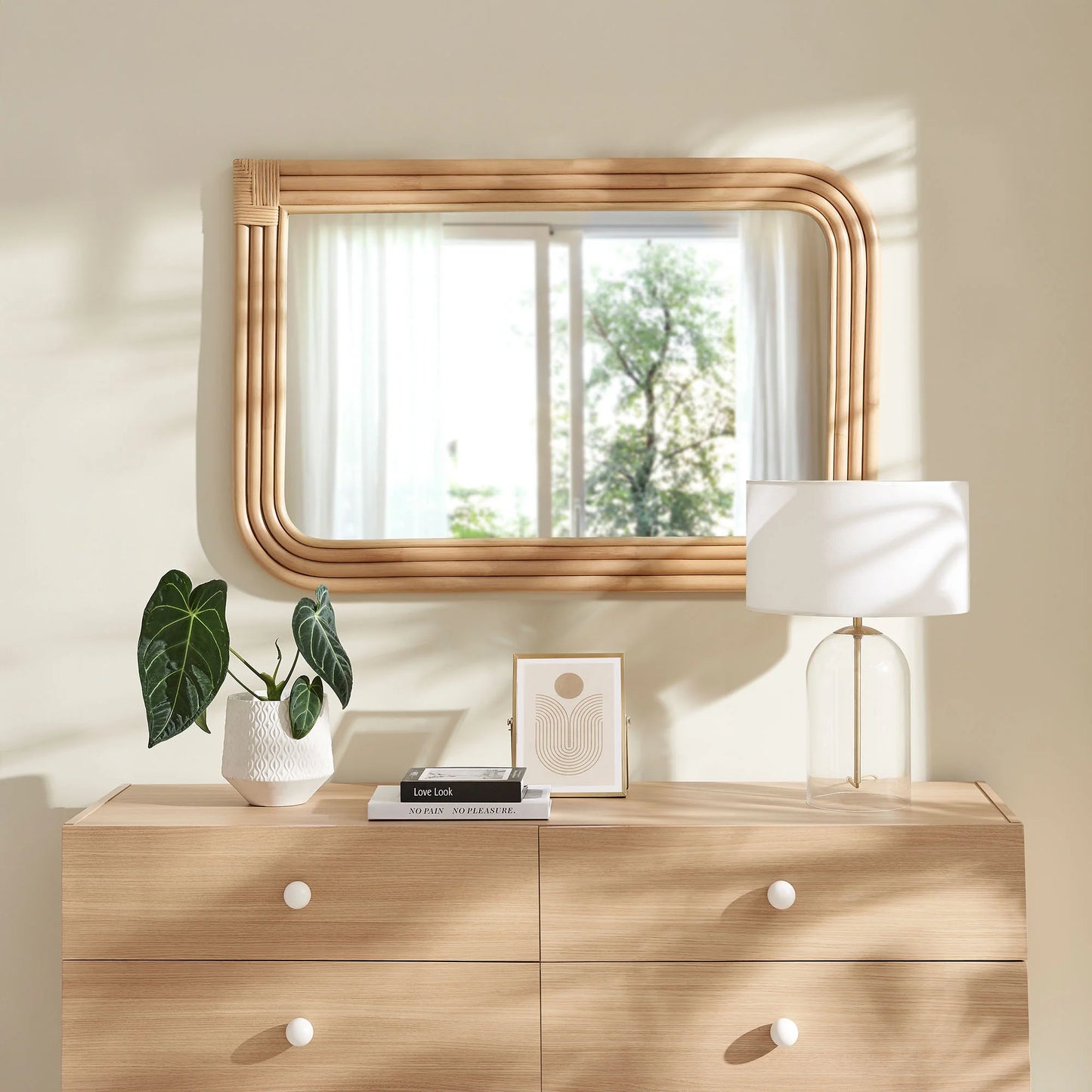 Corsica Curved Rectangle Rattan Wall Mirror in Natural – Handwoven Boho Wall Decor