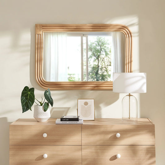 Corsica Curved Rectangle Rattan Wall Mirror in Natural – Handwoven Boho Wall Decor