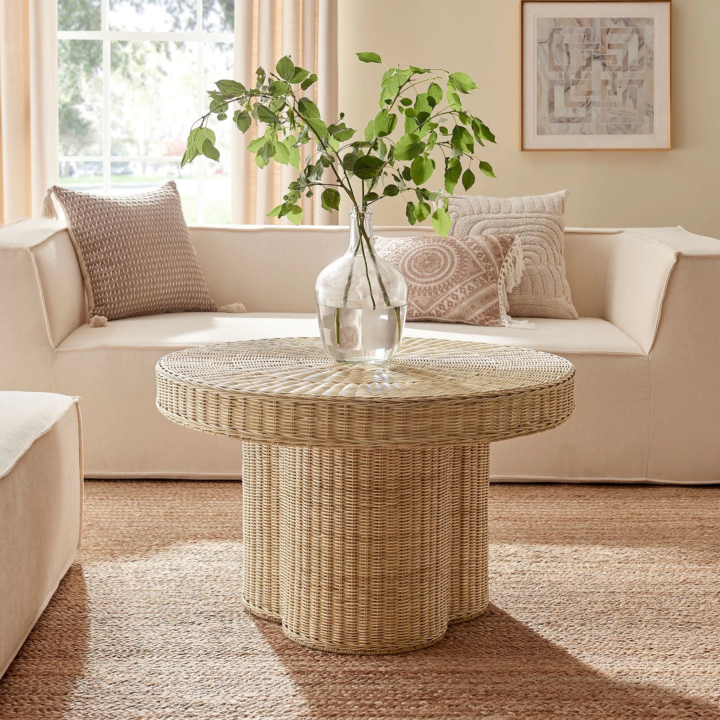 Ainsley 32-Inch Round Natural Rattan Coffee Table – Woven Outdoor & Indoor Accent Table
