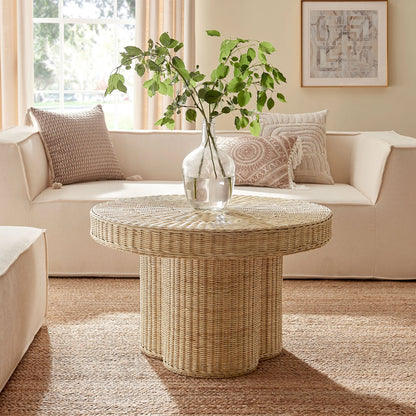 Ainsley 32-Inch Round Natural Rattan Coffee Table – Woven Outdoor & Indoor Accent Table